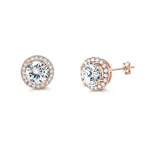 Luxury rose gold stainless steel round stud earrings set with brilliant cubic zirconia