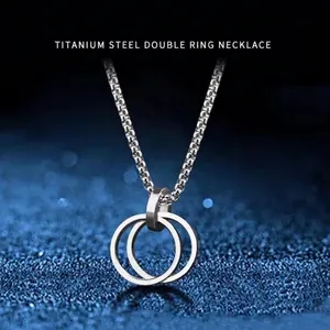 Minimalist Titanium Steel Double Interlocking Ring Pendant Necklace Hip Hop Geometric Silver Tone Unisex Fashion Jewelry