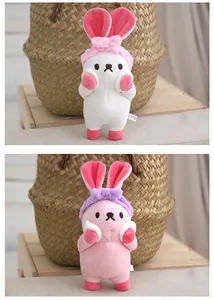 Adorable plush rabbit doll pendants in white and pink with soft headbands for bags