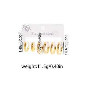 Gold stainless steel hoop earrings set of 3 pairs with dimensions and weight info