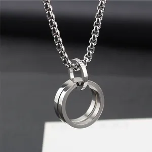 Minimalist titanium steel double ring pendant necklace with a sturdy silver box chain link