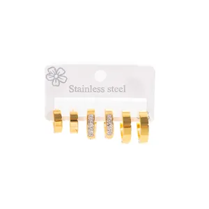 Detailed view of 3-pair gold plated stainless steel hoop earring set on card display