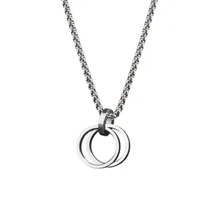 Minimalist silver titanium steel double interlocking ring pendant necklace for men