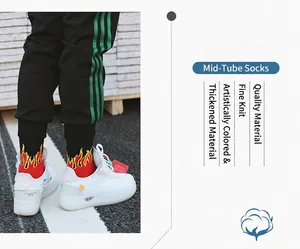Close-up of stylish flame pattern mid-calf cotton socks worn with trendy white sneakers