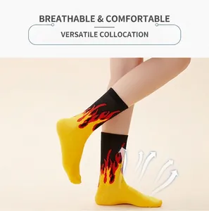 Macro view of Demon Slayer inspired flame pattern socks showing breathable cotton.