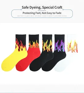 Colorful mid-calf cotton socks with vibrant flame patterns in five different styles.