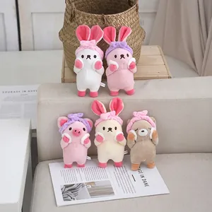Cute Plush Animal Keychain Pendant Soft Rabbit Bear Pig Stuffed Toy With Bow Headband For Bag Decor Kawaii Accessories