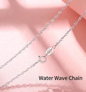 Detail view of S925 sterling silver water wave chain necklace with Italian hallmark