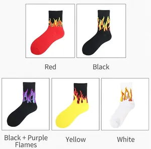 Colorful flame pattern cotton crew socks suitable for street dance and skateboarding.