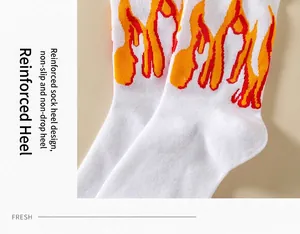 Close-up detail of reinforced heel on white mid-calf socks with flame pattern