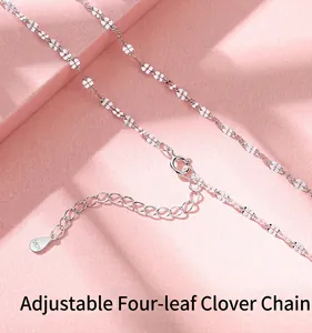 Detail of S925 sterling silver adjustable four-leaf clover chain necklace for women.