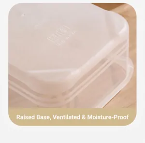 Primer plano del fondo elevado de un contenedor de plástico transparente para alimentos de 2000 ml.