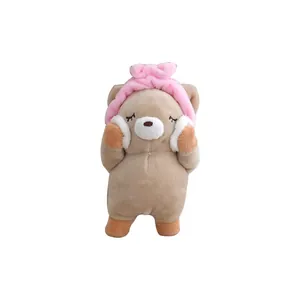 Adorable cute brown plush bear pendant wearing pink headband for schoolbag decoration