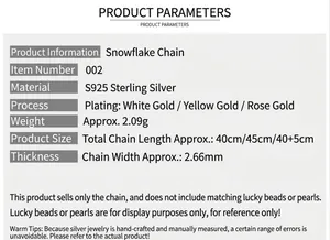 Detailed specifications for S925 sterling silver snowflake chain necklace jewelry.