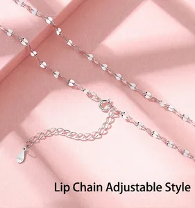 Macro view of S925 sterling silver lip chain necklace featuring adjustable extension link