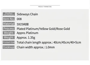 Detailed product specifications table for S925 sterling silver chain showing sizes and weight