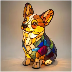 Χειροποίητο φωτιστικό νυκτός LED Corgi από ρητίνη με σχέδιο μωσαϊκού βιτρό χρωμάτων