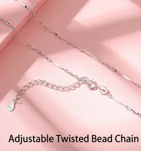 Close-up of adjustable S925 sterling silver twist link chain with clasp and extender.