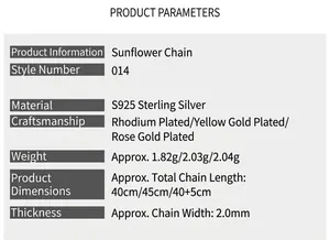 Detailed specifications for S925 sterling silver sunflower chain necklace for women