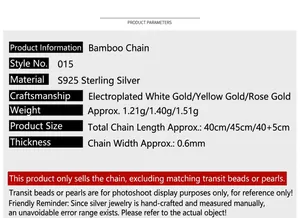 Detailed product specifications table for S925 sterling silver bamboo necklace chain