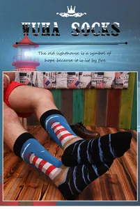 Detailed macro view of comfortable vintage lighthouse pattern crew socks on male model