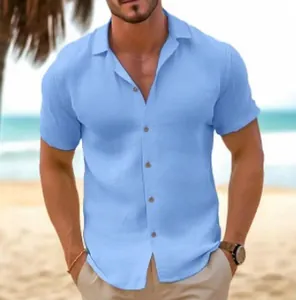 Detailed view of men's light blue short sleeve beach shirt with button-down collar
