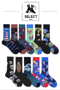 Retro patterned crew socks with various artistic and pop culture prints for men