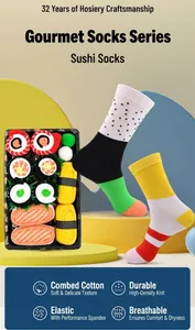 Creative sushi-themed combed cotton crew socks with breathable and elastic knit detail