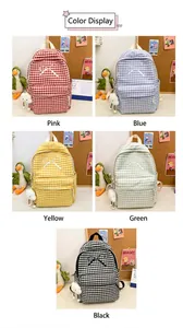 Detailed display of plaid backpacks in five colors with bow embroidery and cloud charms