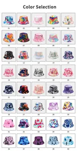 Diverse tie-dye bucket hat color selection guide featuring 40 unique vibrant patterns