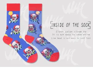 Detail view of novelty socks featuring Pennywise clown pattern and inside texture.
