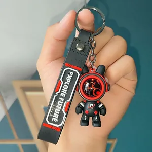 Close-up of astronaut bear keychain with 'Explore Future' printed strap