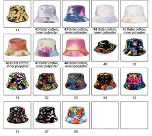 Variety of tie-dye and graffiti print bucket hats displayed in a grid with numbered labels