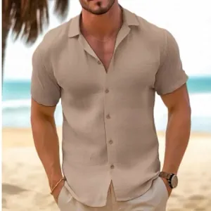 Men's stylish khaki short-sleeve button-down beach shirt with breathable linen texture