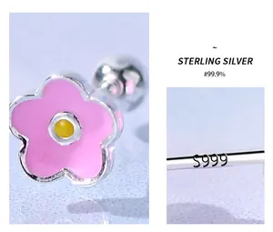 S999 sterling silver flower screw back ear stud with delicate pink enamel petal design