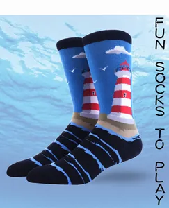 Detailed view of retro lighthouse patterned crew socks for men in an underwater scene