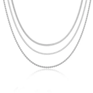 Layered silver flat blade and rope chain necklace set for women minimalist style