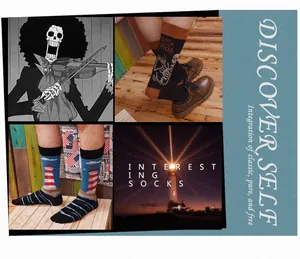 Collage showing men's vintage patterned socks with lighthouse and skeleton designs.