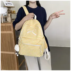 Yellow plaid backpack with bow embroidery and cute sheep keychain for students