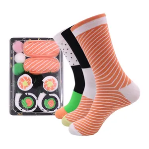 Creative sushi-themed combed cotton mid-calf socks set in a realistic sushi platter gift box