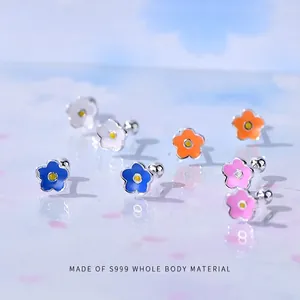 S999 Sterling Silver Colorful Flower Screw Back Stud Earrings For Women Sweet Enamel Floral Ear Bone Piercing Jewelry Gift