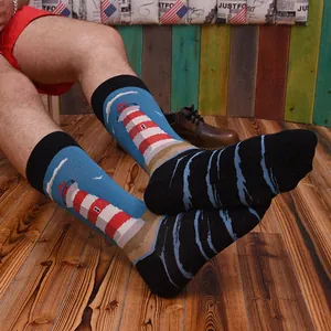 Retro lighthouse pattern cotton crew socks for men in a casual lifestyle setting