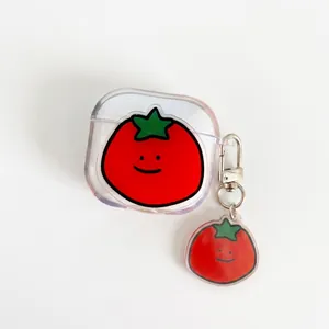 Cute tomato design transparent protective case with matching charm for wireless earbuds
