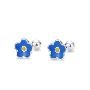 Minimalist blue flower S925 silver stud earrings with secure screw ball back design