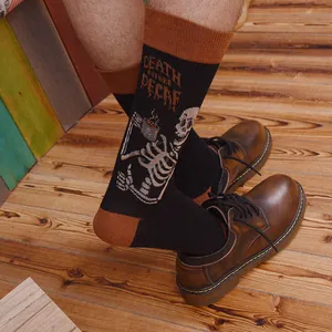 Men's trendy retro skeleton socks featuring Death Before Decaf graphic design detail