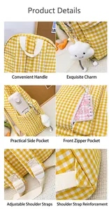 Detailed views of yellow gingham backpack showing handle, charm, and reinforced straps