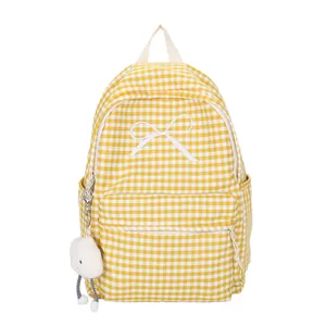Yellow gingham backpack for girls with white bow embroidery and cloud charm