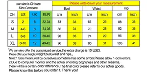 Size chart for Latin dance dress showing bust waist and hip measurements