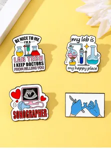 Collection of medical and chemistry themed enamel pins on yellow background