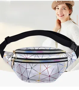 Stylish holographic laser waist bag with geometric colorful stitching and model view.